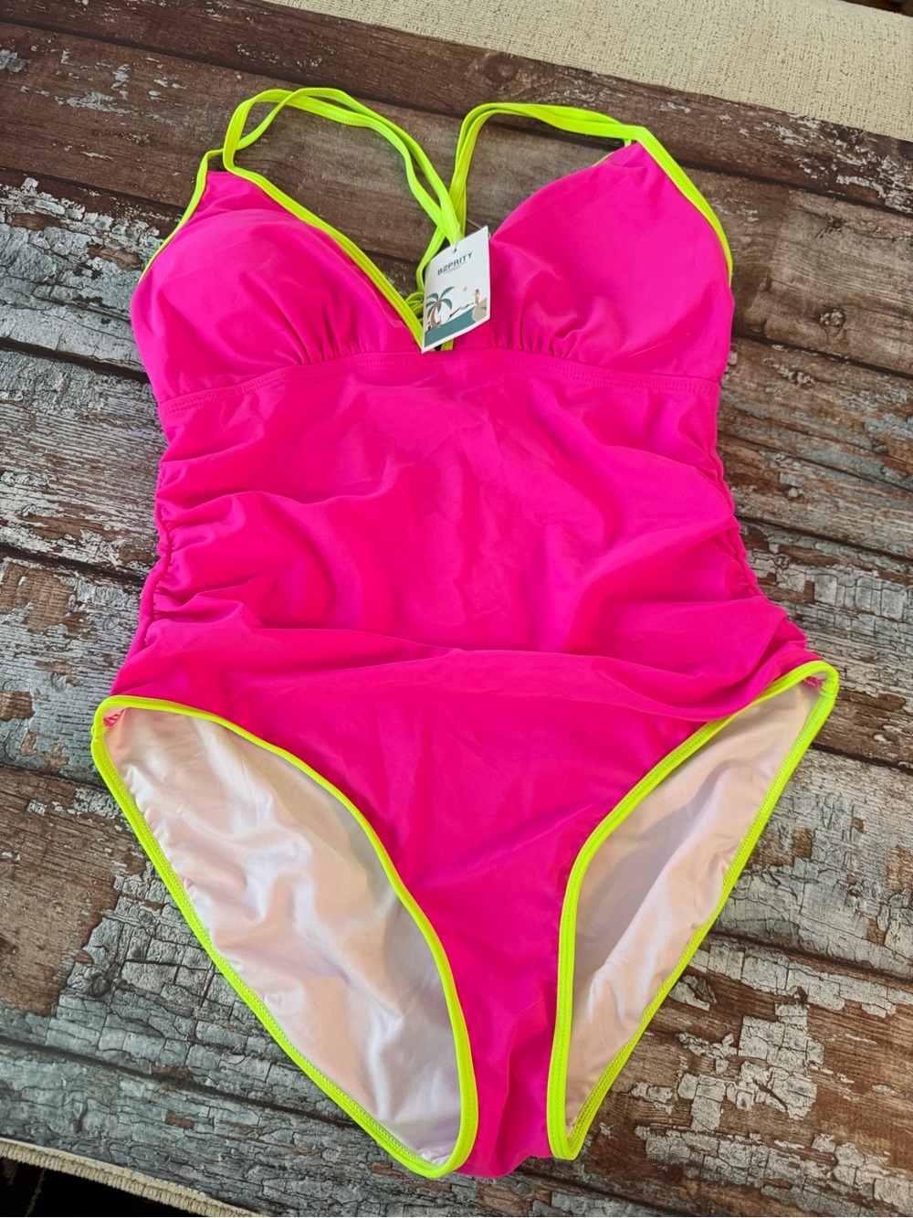 Neon Pink One-Piece Swimsuit with Lime Trim size Large